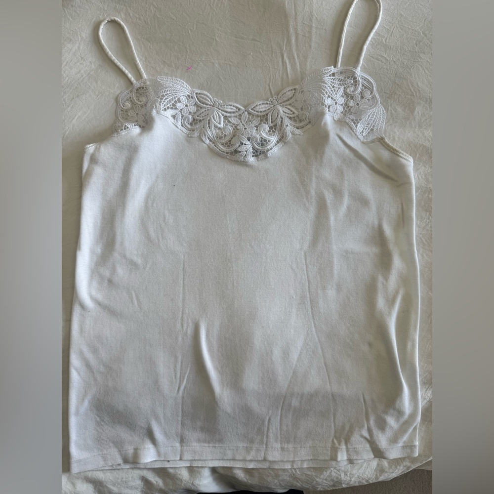 Vintage Crotchet Lace Trim White Cami Tank Top